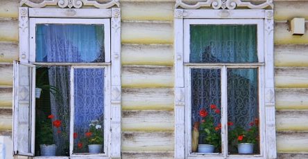 Окна с наличниками и цветами